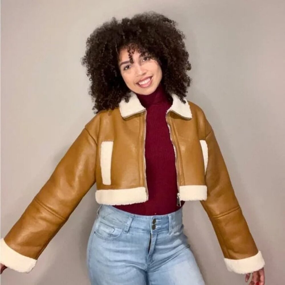 New LOVE TREE Cropped Shearling Trim Vegan Leather Jacket Camel S